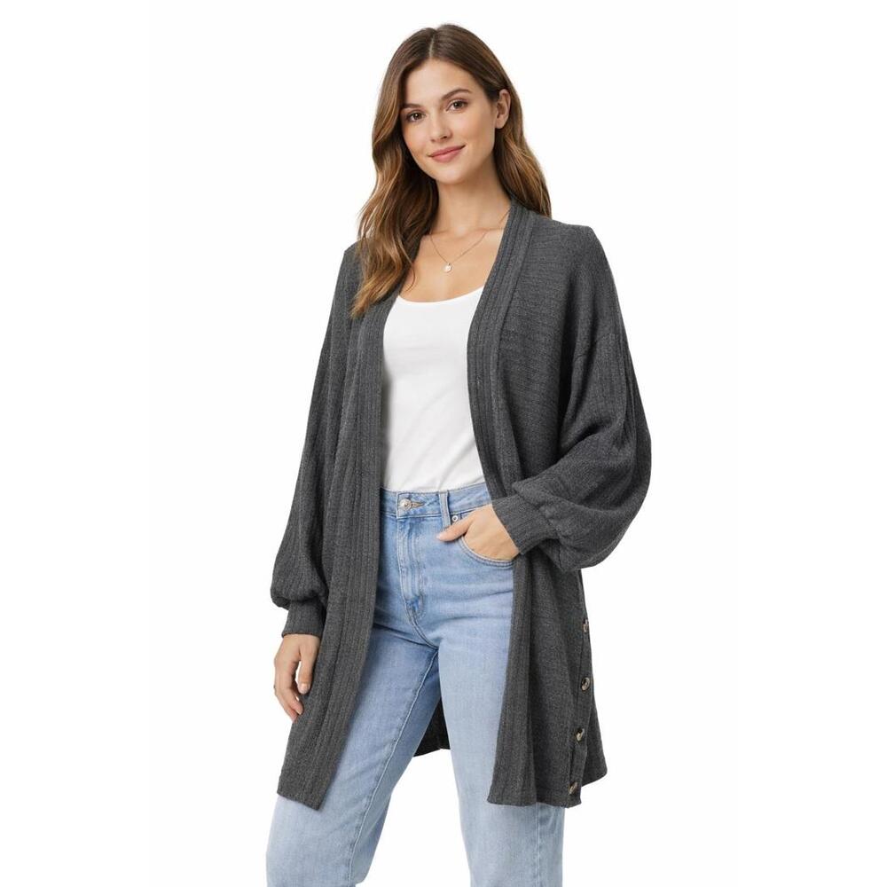 L love Open Front Longline Cardigan - Soft Ribbed Knit - Balloon Sleeves - Large